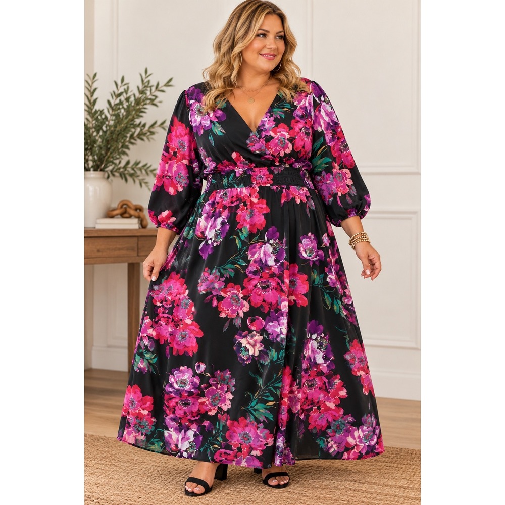 Danny and Nicole Floral Maxi Dress Black Pink Purple Smocked Waist Plus Size 22W